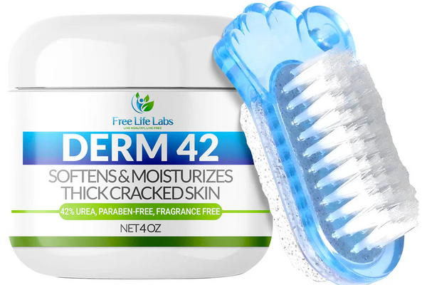 Derm 42 urea foot cream jar with pumice stone and brush